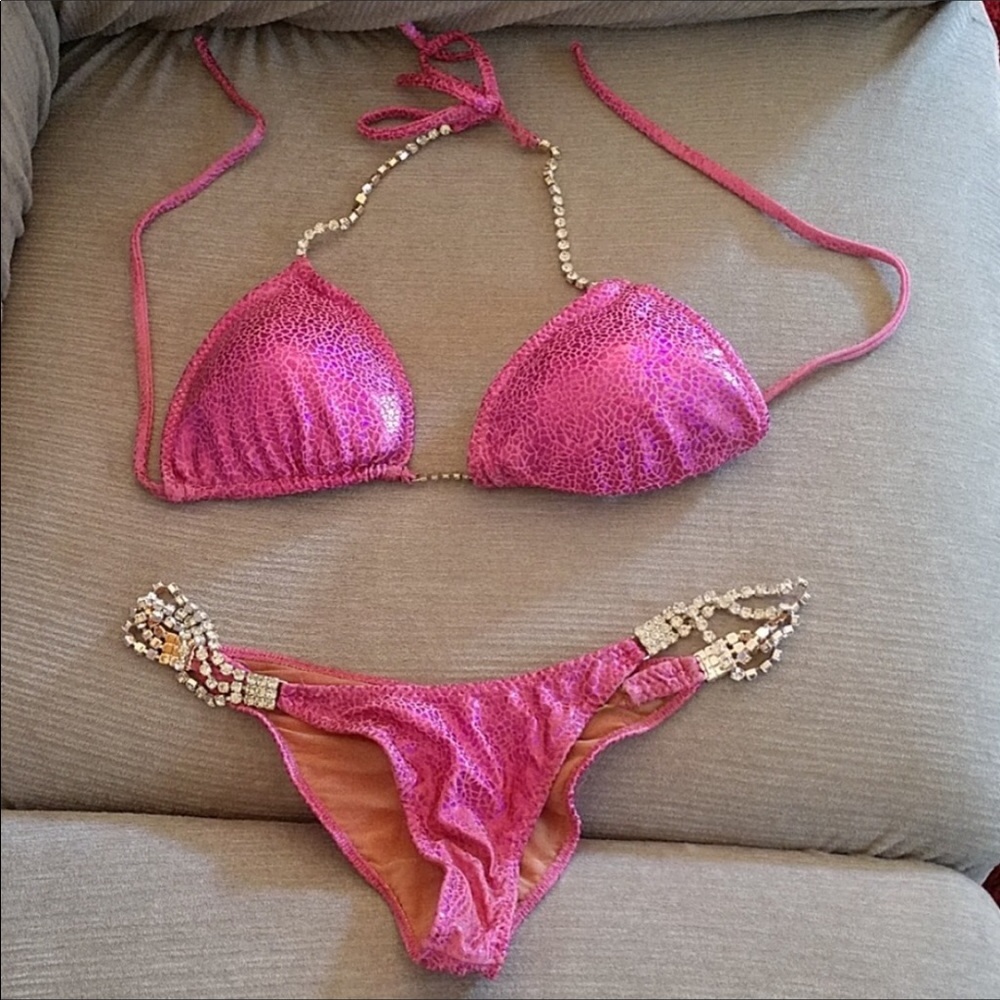 Hot Pink M/L Snakeskin Crystal Competition Bikini